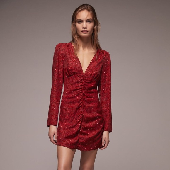 Zara Dresses & Skirts - New Zara Print Mini V-neck Saffron red Dress long sleeve